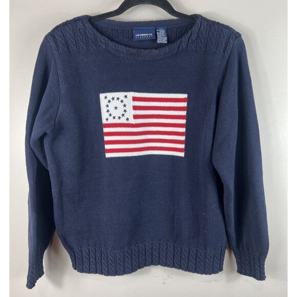 Liz Claiborne Lizsport Flag Sweater Navy Blue 100% Cotton Crew Neck Petite Large - Picture 1 of 7